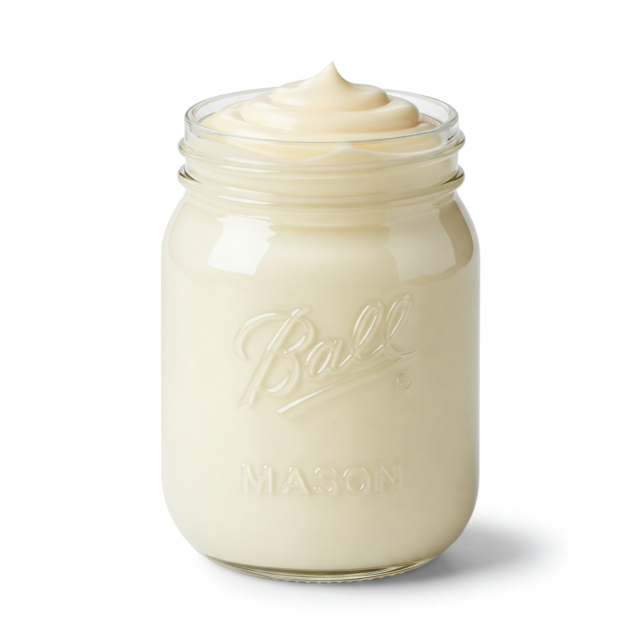 A mason bar jar with no lid filled with avocado mayo on a white background.