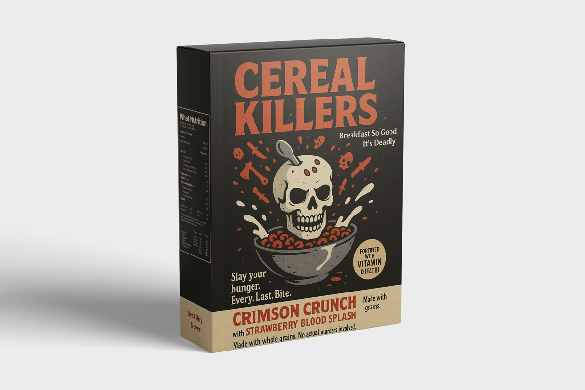 Fake box of cereal with the brand name Cereal Killers