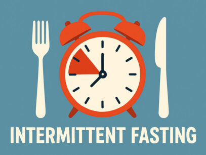 A clock, forks and knife with the words intermittent fasting below it.