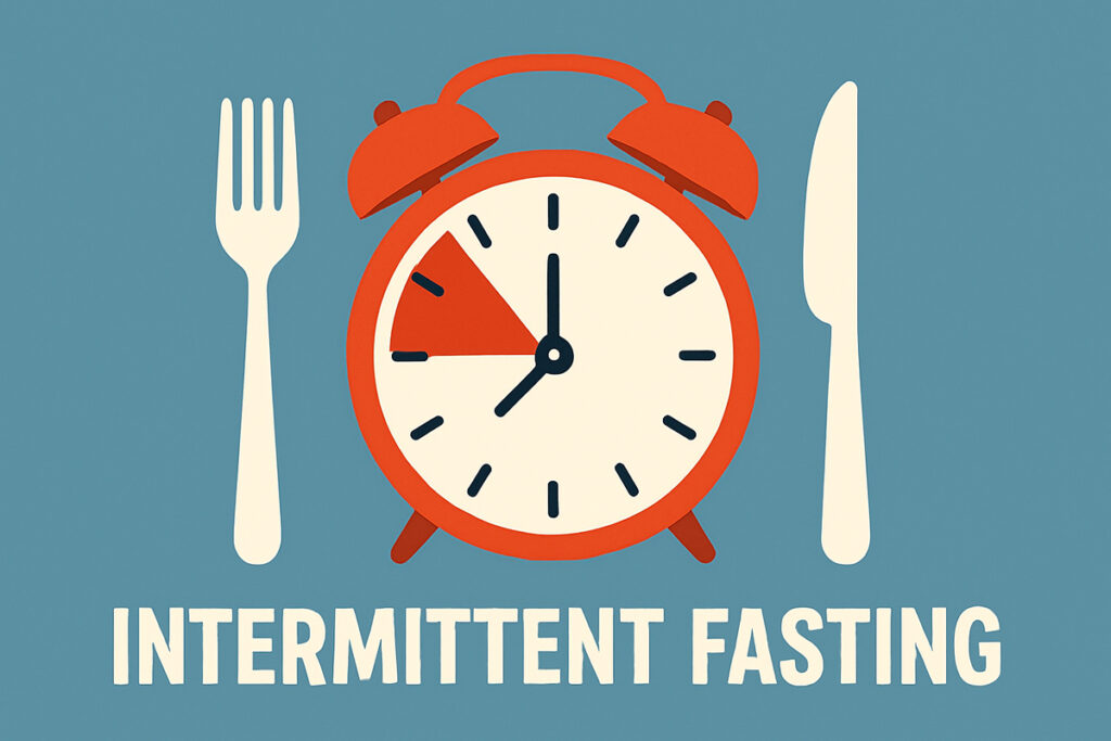 A clock, forks and knife with the words intermittent fasting below it.