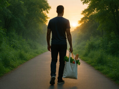Man Takin Morning Stroll with Fresh Produce