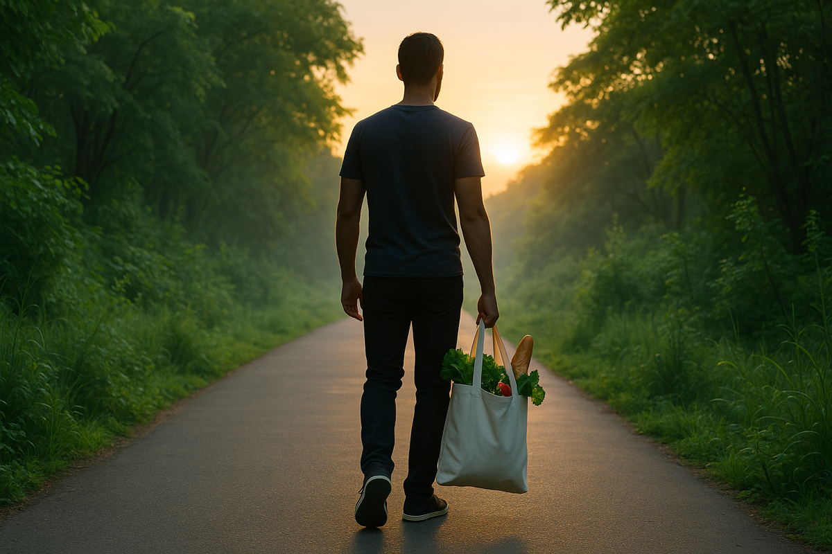 Man Takin Morning Stroll with Fresh Produce