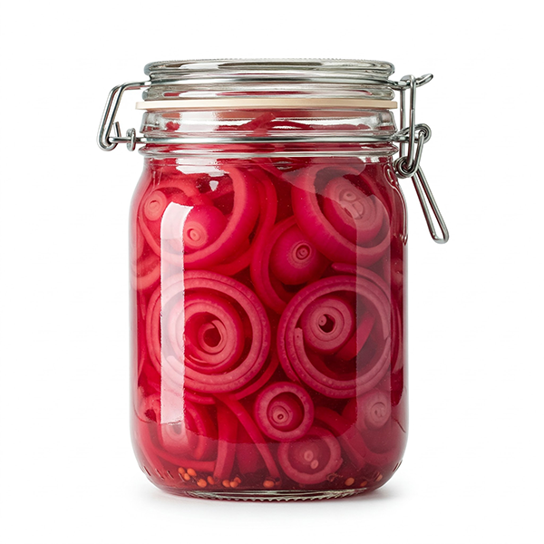 A glass jar with a clamp lid filled with pickled red onions on a white background.