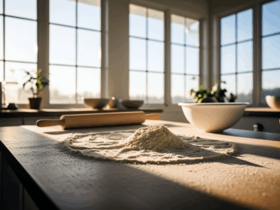 Cassava flour on a kitchen worktop beside a white mixing bowl and wooden rolling pin.