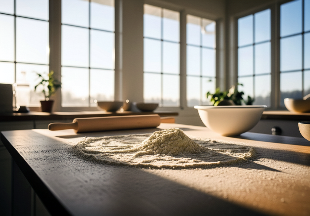 Cassava flour on a kitchen worktop beside a white mixing bowl and wooden rolling pin.