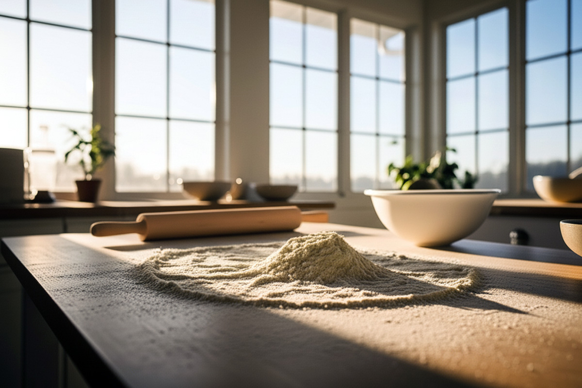 Cassava flour on a kitchen worktop beside a white mixing bowl and wooden rolling pin.