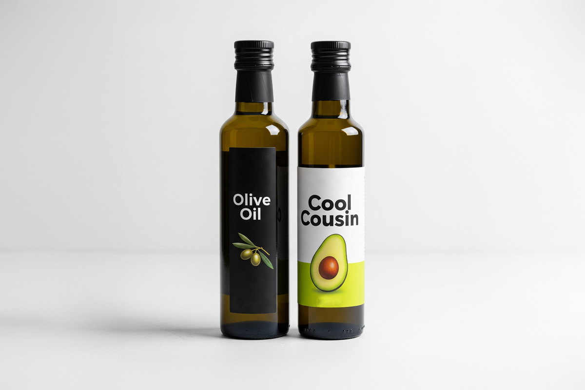 bottle of olive oil standing next to a bottle of avocado oil with the words "cool cousin" on the label.