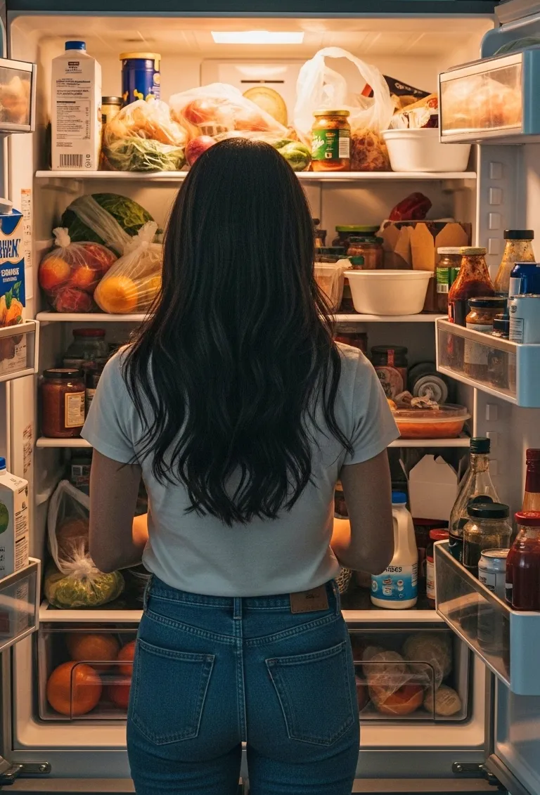 woman standing in front of an open fridge full of food.