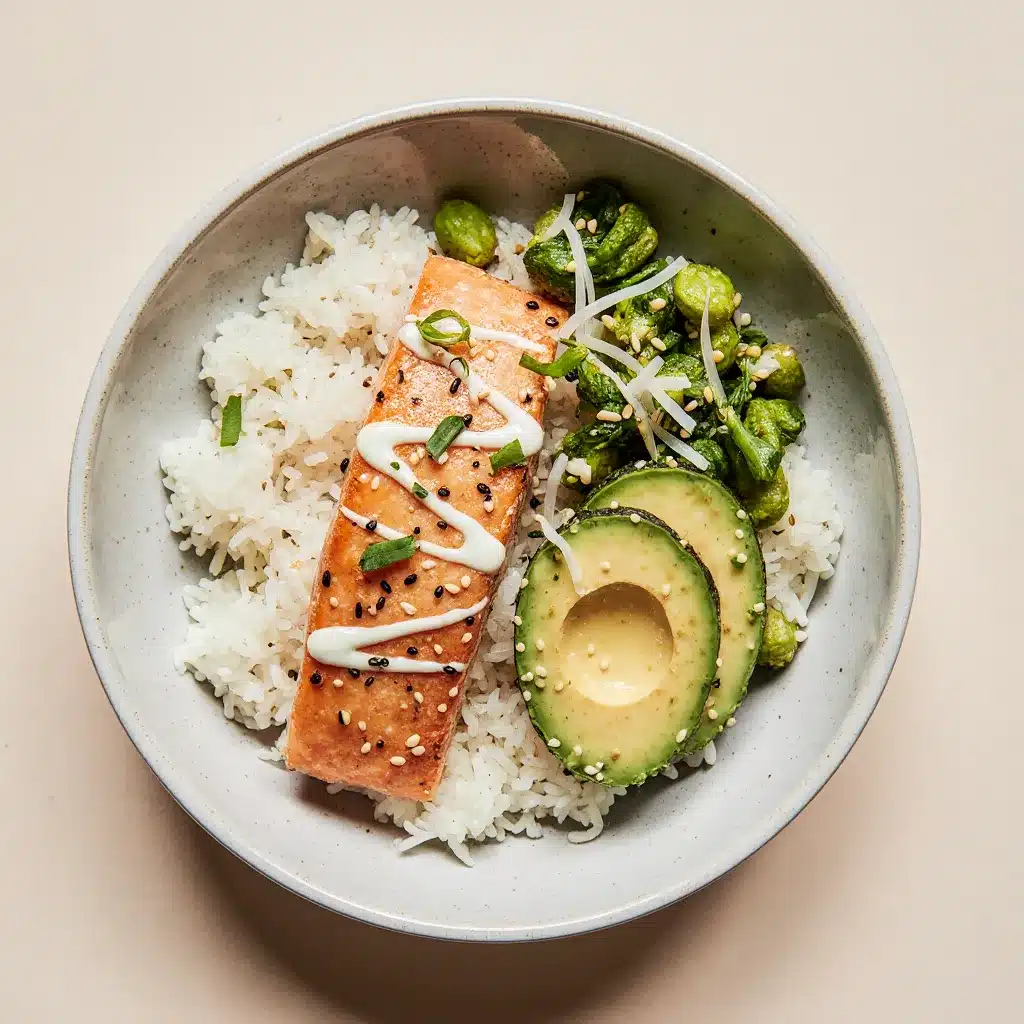 Salmon with rice and avocado garnish
